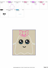 Load image into Gallery viewer, Ghost With Bow Applique for Machine Embroidery, Halloween Ghost Embroidery Patterns, Halloween Embroidery-Kraftygraphy
