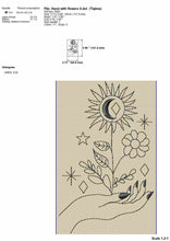 Load image into Gallery viewer, Celestial embroidery designs - Magical hand with sun flower and moon-Kraftygraphy

