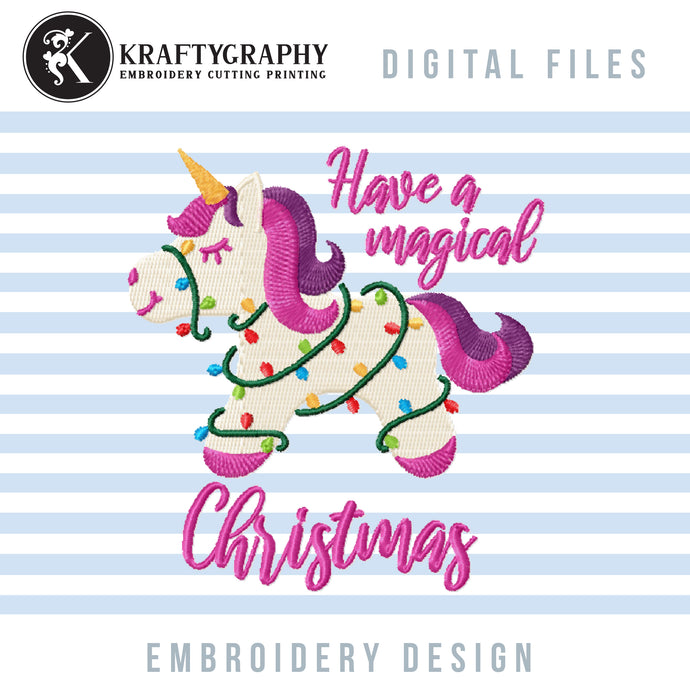 Christmas Unicorn Embroidery Files, Magical Christmas Embroidery Patterns, Christmas Word Art Embroidery Designs, Kids Embroidery Pes Files, Unicorn With Christmas Lights Embroidery, Have a Magical Christmas-Kraftygraphy