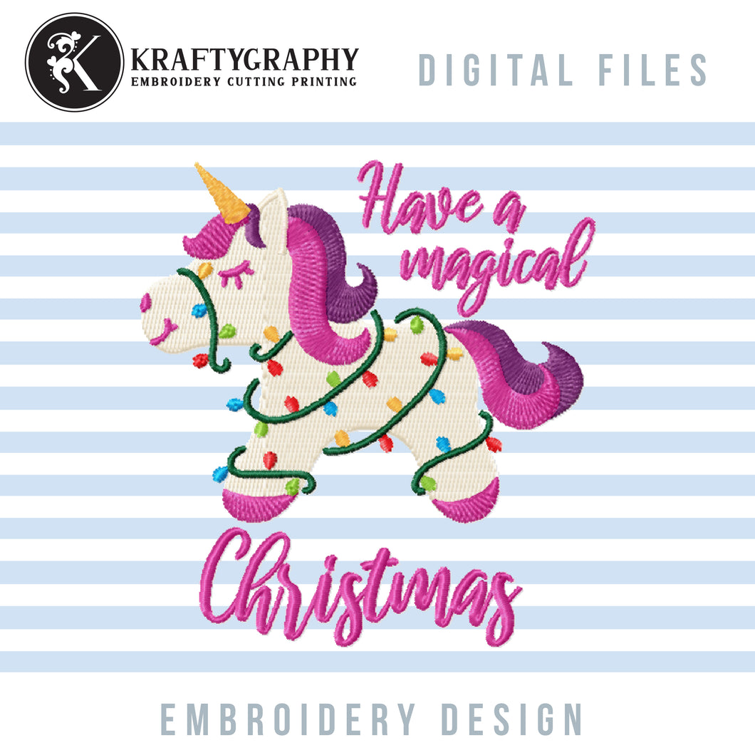 Christmas Unicorn Embroidery Files, Magical Christmas Embroidery Patterns, Christmas Word Art Embroidery Designs, Kids Embroidery Pes Files, Unicorn With Christmas Lights Embroidery, Have a Magical Christmas-Kraftygraphy