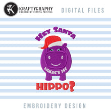 Load image into Gallery viewer, Hippo Embroidery Applique, Christmas Hippo Embroidery Designs, Hippo With Santa Hat Embroidery Patterns, Christmas Embroidery Sayings for Kids, Hey Santa Where&#39;s My Hippo Pes Files-Kraftygraphy

