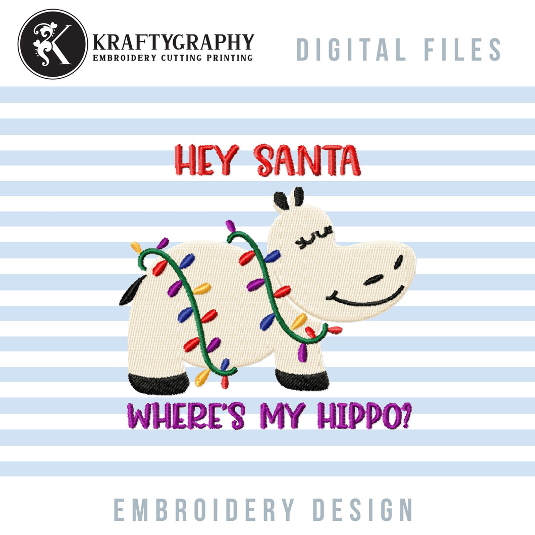 Cute Christmas Hippo With Christmas Lights Embroidery Patterns, Christmas Embroidery Sayings for Kids, Christmas Hippo Embroidery Designs, Hippopotamus Embroidery Cartoon, Christmas Lights Embroidery for Girls applique-Kraftygraphy