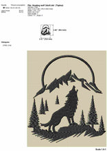 Load image into Gallery viewer, Howling Wolf and mountain scene embroidery design-Kraftygraphy
