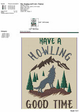 Load image into Gallery viewer, Hiking embroidery designs - Have a howling good time - with mountain and wolf scene-Kraftygraphy
