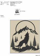 Load image into Gallery viewer, Howling Wolf and mountain scene embroidery design-Kraftygraphy
