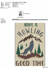 Load image into Gallery viewer, Hiking embroidery designs - Have a howling good time - with mountain and wolf scene-Kraftygraphy
