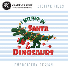 Load image into Gallery viewer, Christmas Tree Dinosaur Embroidery Design, Christmas Tree Rex Embroidery Patterns, Funny Christmas Embroidery Sayings for Kids, Dinosaur With Christmas Lights Embroidery Files, I Believe in Santa and Dinosaurs Pes Files-Kraftygraphy
