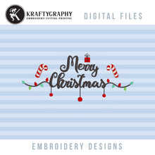 Load image into Gallery viewer, Merry Christmas embroidery design with candy cane, Christmas lights and gift-Kraftygraphy
