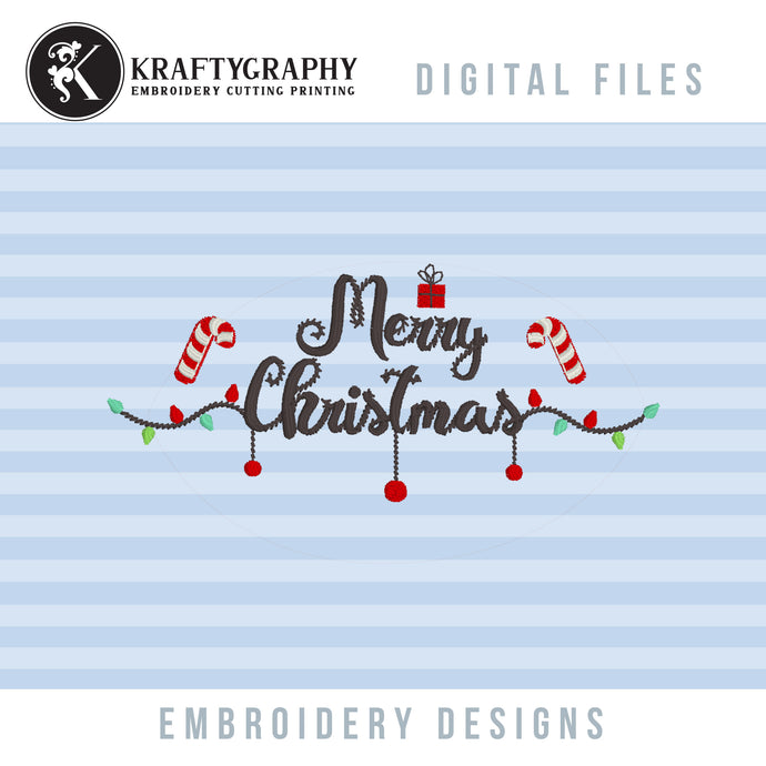 Merry Christmas embroidery design with candy cane, Christmas lights and gift-Kraftygraphy