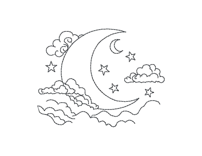Celestial embroidery designs - Moon with clouds - triple bean stitch-Kraftygraphy