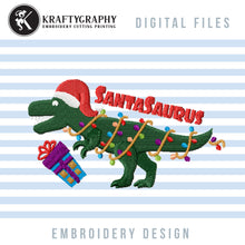 Load image into Gallery viewer, Santasaurus Embroidery Designs, Christmas Dinosaur Embroidery Patterns, Dinosaur With Santa Hat Embroidery Files, Christmas Embroidery Pes Files, Kids Embroidery Jef Files, Cute T-Rex With Christmas Lights Embroidery, Christmas Embroidery-Kraftygraphy
