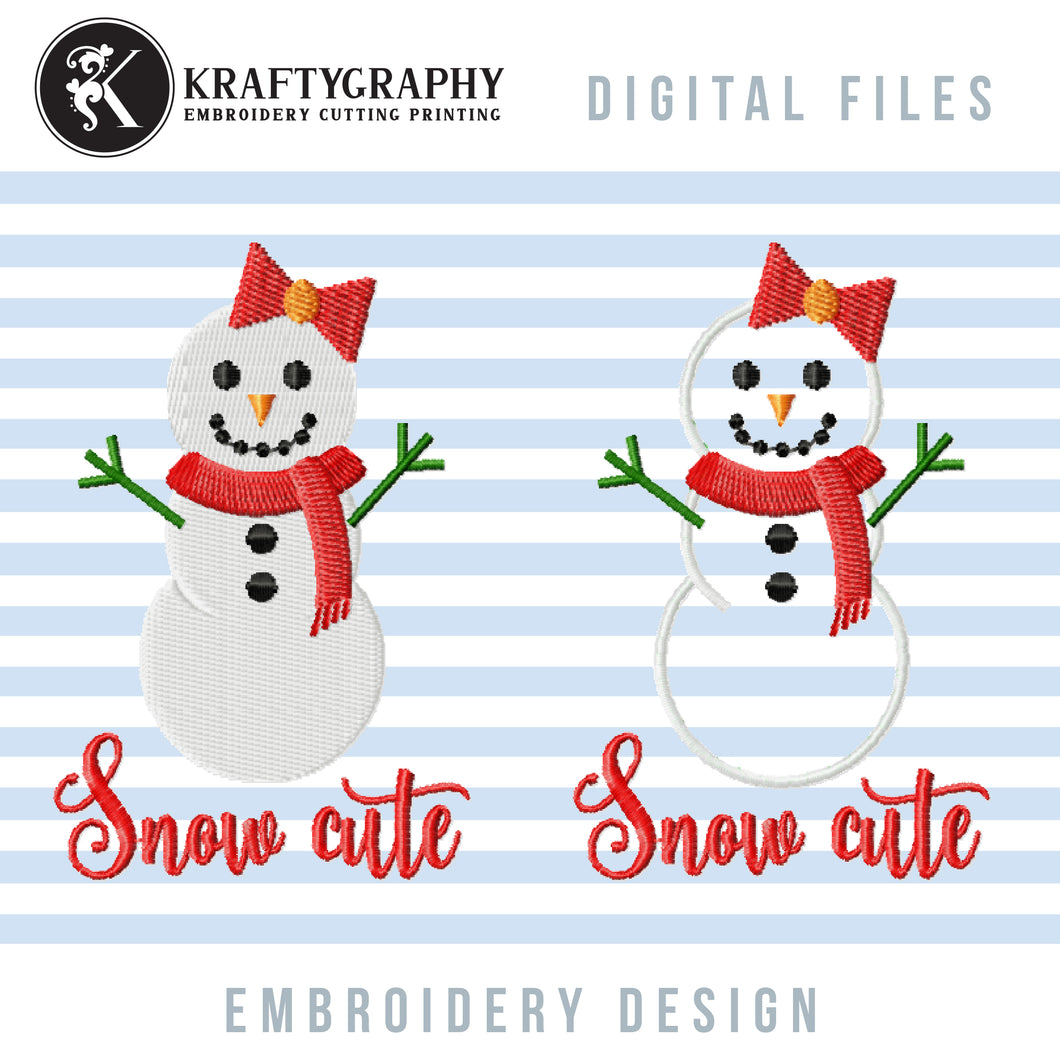 Girl Snowman Embroidery Designs, Cute Christmas Embroidery Patterns, Snowman Embroidery Sayings for Kids FREE, Snow Cute Embroidry Files, Snowman With Bow Pes Files, Snowman Applique Jef Files-Kraftygraphy