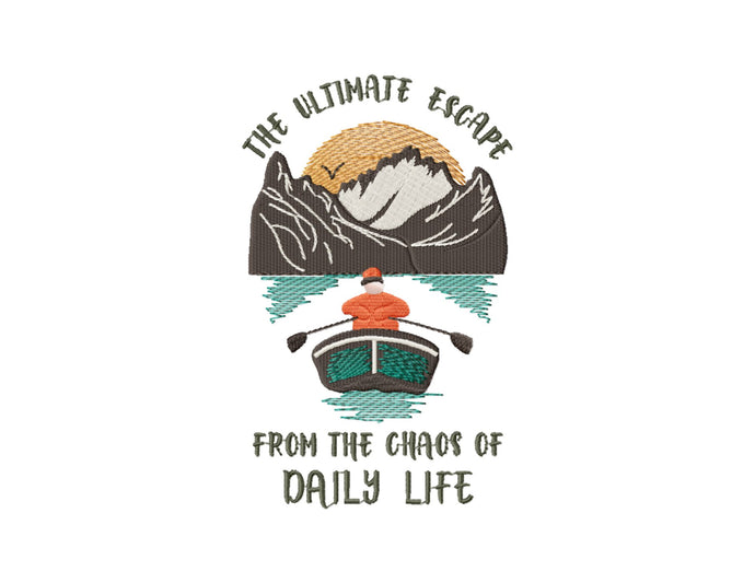 Hiking embroidery designs - The ultimate escape from the chaos of daily life with mountain lake and boat-Kraftygraphy