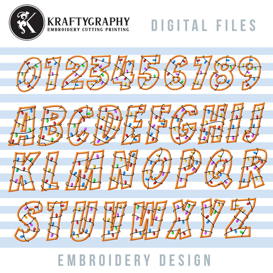 3in Christmas Lights Machine Embroidery Font | Christmas Alphabet Embroidery Designs With Capital Letters and Numbers Applique-Kraftygraphy