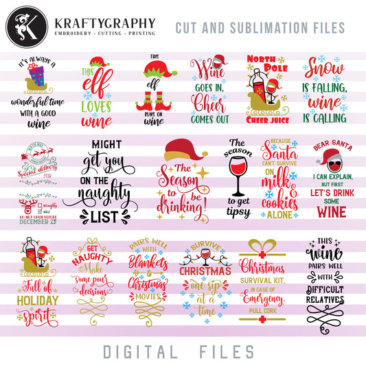 Christmas Wine Bag SVG Bundle, Wine Glass Clipart, Wine Box Dxf Files, Christmas SVG, Wine SVG Designs, Elf SVG, Santa Hat PNG Image, Wine Bottle SVG-Kraftygraphy