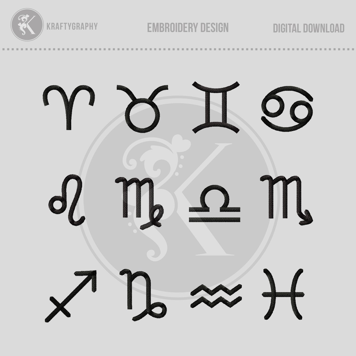 Celestial Embroidery Designs, Horoscope Symbols Embroidery Patterns, 12 Zodiac Signs-Kraftygraphy