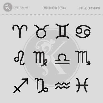 Celestial Embroidery Designs, Horoscope Symbols Embroidery Patterns, 12 Zodiac Signs-Kraftygraphy