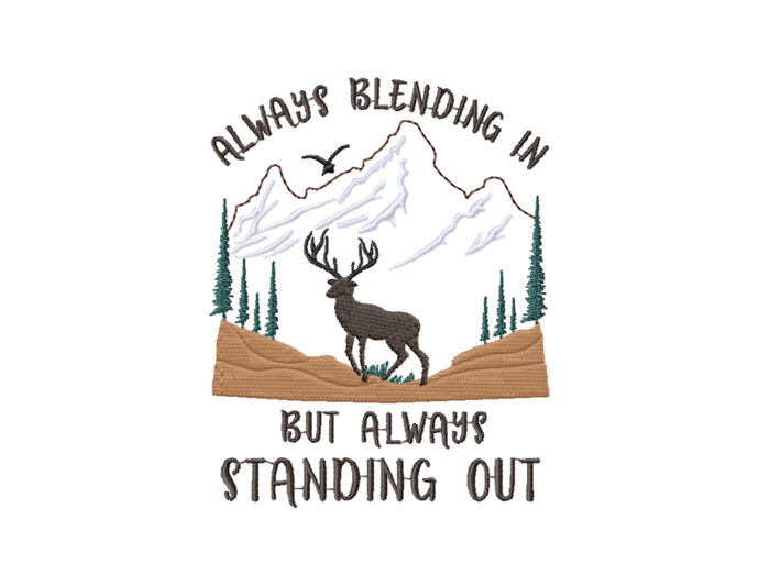 Hiking embroidery designs - Always blending in but always standing out - with deer and mountain scene-Kraftygraphy