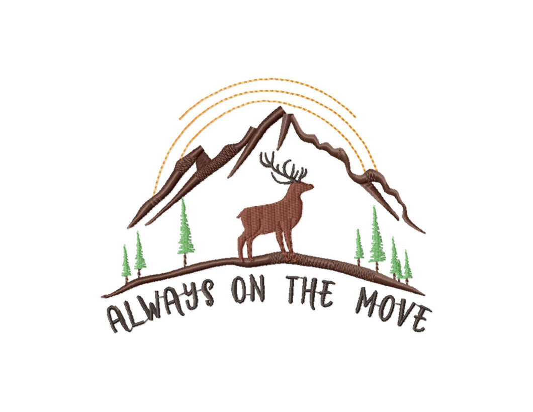 Hiking embroidery designs - Always on the move - with buck and mountain scene-Kraftygraphy