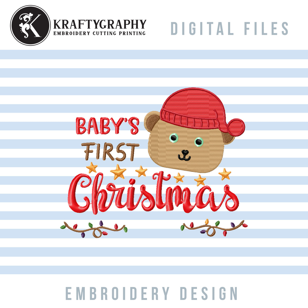 Baby's First Christmas Embroidery Designs, My 1st Christmas Embroidery Patterns, Christmas Embroidery Sayings, Bear Face With Hat Embroidery Stitches, Baby Bibs Pes Files, Bodysuits Jef Files, Pillow Covers Hus Files, Embroidery-Kraftygraphy