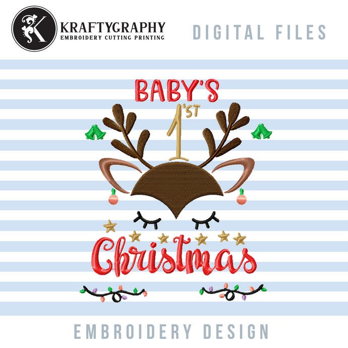 Baby's First Christmas Embroidery Patterns, 1st Christmas Embroidery Designs With Reindeer Face, Christmas Reindeer Embroidery Stitches, Christmas Embroidery Sayings, Baby Bibs Embroidery Pes Files, Cute Deer Head Embroidery Hus Files-Kraftygraphy