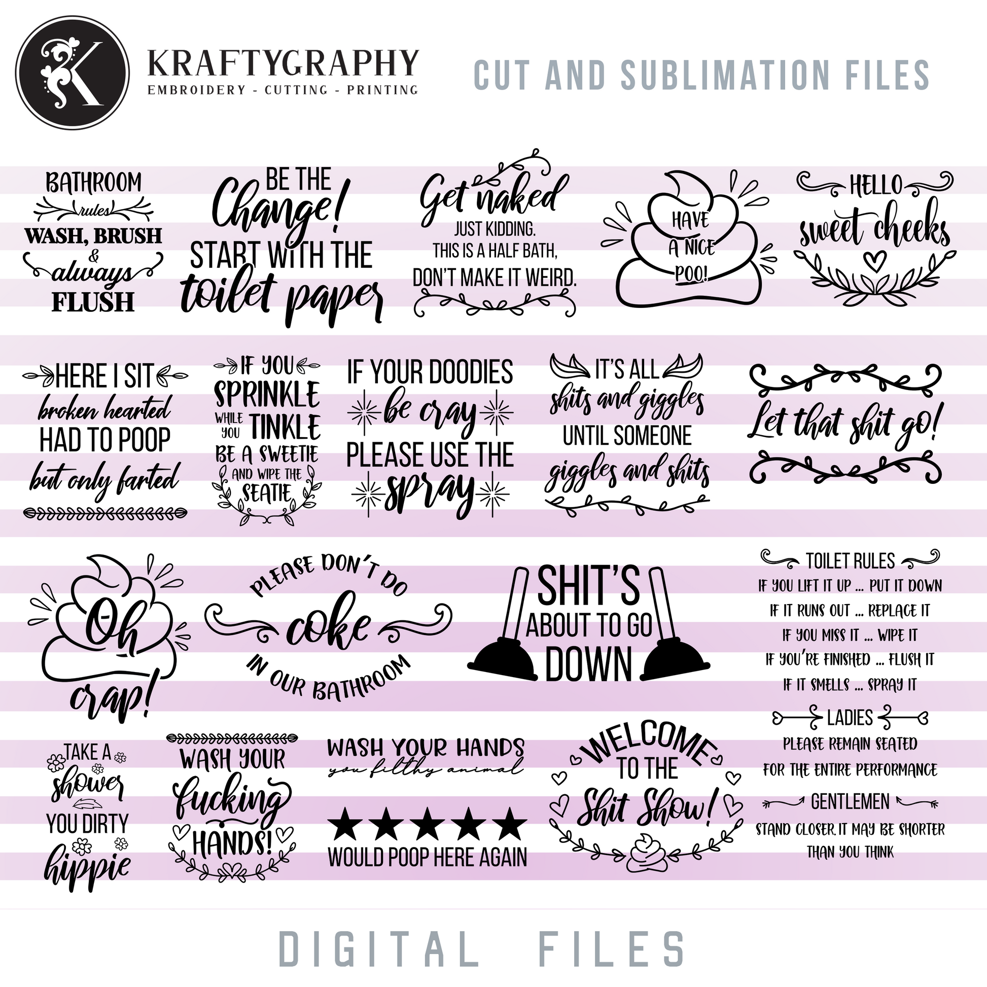 Toilet SVG Bundle – Funny Bathroom Sayings, Half Bath Word Art, Hand Towel Quotes, Toilet Seat Decals & Signs | PNG + SVG Clip Art-Kraftygraphy