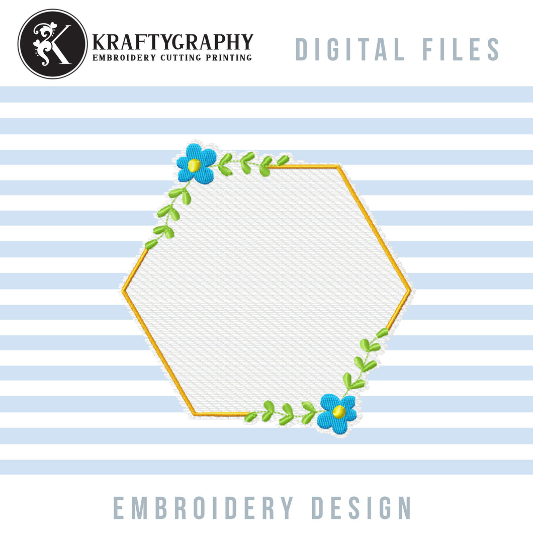 Cute Floral Monogram Frame Embroidery Designs, Honeycomb Monogram Embroidery Patterns, Simple Hexagonal Frame Embroidery Pes Files, Flower Border Embroidery, Bee Embroidery-Kraftygraphy