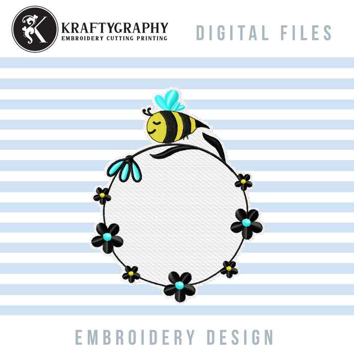 Round Monogram Machine Embroidery Designs, Circle Monogram Embroidery Patterns, Cute Bumble Bee Pes Files, Floral Wreath Embroidery Monogram Frame, Cute Honey Bee Monogram Frame Embroidery, Girls Embroidery Monogram, bee embroidery-Kraftygraphy