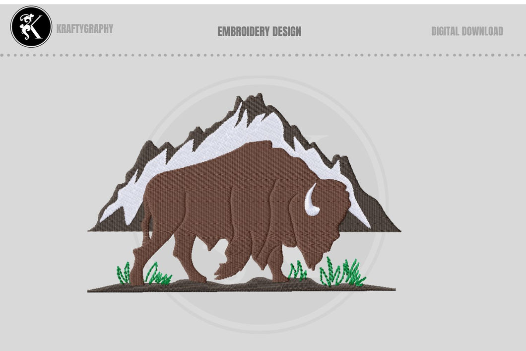 Bison and mountain embroidery design for machine-Kraftygraphy