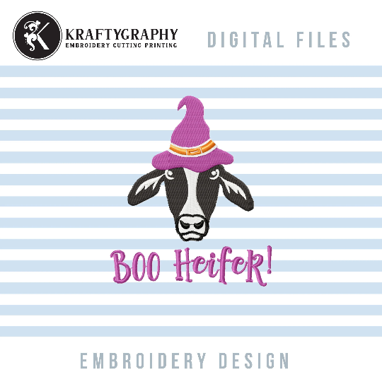 Funny Halloween Machine Embroidery Designs, Halloween Cow Embroidery Patterns, Cow With Witch Hat Pes Files-Kraftygraphy