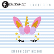 Load image into Gallery viewer, Easter Bunny Machine Embroidery Designs, Easter Unicorn Embroidery Patterns, Rabbit Face Embroidery Files, Unicorn Face Applique, Bunny Ears Pes Files, Cute Bunny Hus, Cute Unicorn Jef-Kraftygraphy
