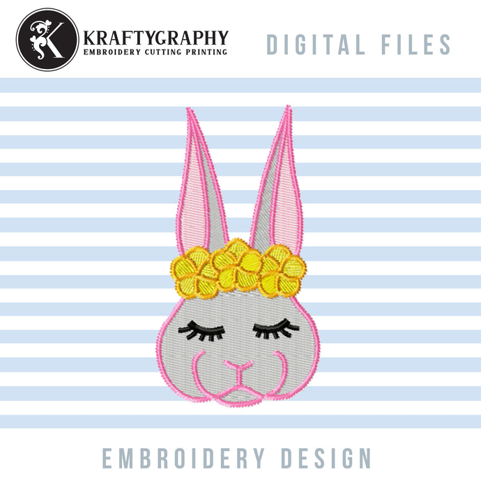 Bunny Face Machine Embroidery Designs, Rabbit Face Applique, Rabbit Girl Embroidery Patterns, Bunny With Flowers Pes Files, Cute Bunny Embroidery, Small Bunny Jef, Tiny Bunny, Baby Bunny-Kraftygraphy