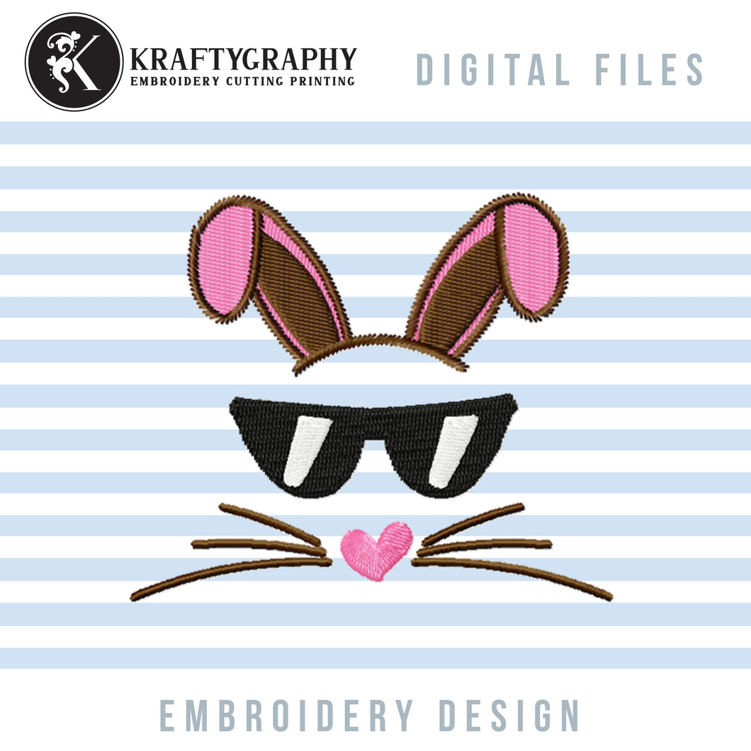 Funny Bunny Machine Embroidery Designs, Cool Bunny With Sunglasses Embroidery Patterns, Cute Rabbit Face Pes Files, Small Bunny Embroidery Files, Ester Bunny Embroidery Stitches-Kraftygraphy