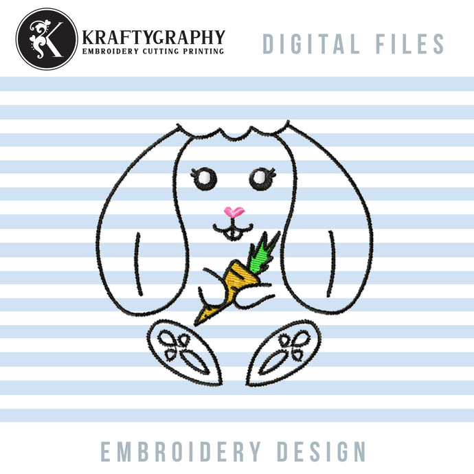 Cute Bunny Machine Embroidery Patterns, Easter Bunny Embroideryu Designs, Funny Rabbit Face Embroidery Files, Rabbit With Carrot Pes Files, Rabbit Outline Embroidery-Kraftygraphy