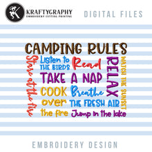 Load image into Gallery viewer, Camping Rules Machine Embroidery Design, Fishing Embroidery Designs, Gone Fishing Embroidery Design, Camping Machine Embroidery Patterns, Camping Embroidery File, Lake Hat Embroidery Designs, Lake Cap Embroidery-Kraftygraphy
