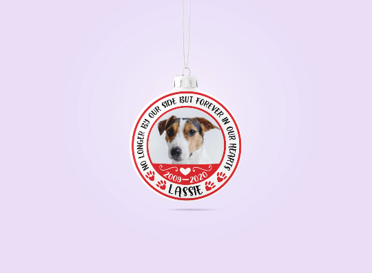 Pet Memorial Christmas Ornament SVG Design, No Longer by Our Side PNG for Sublimation, DIY Christmas Ornaments Gifts, Add Your Pet Image-Kraftygraphy