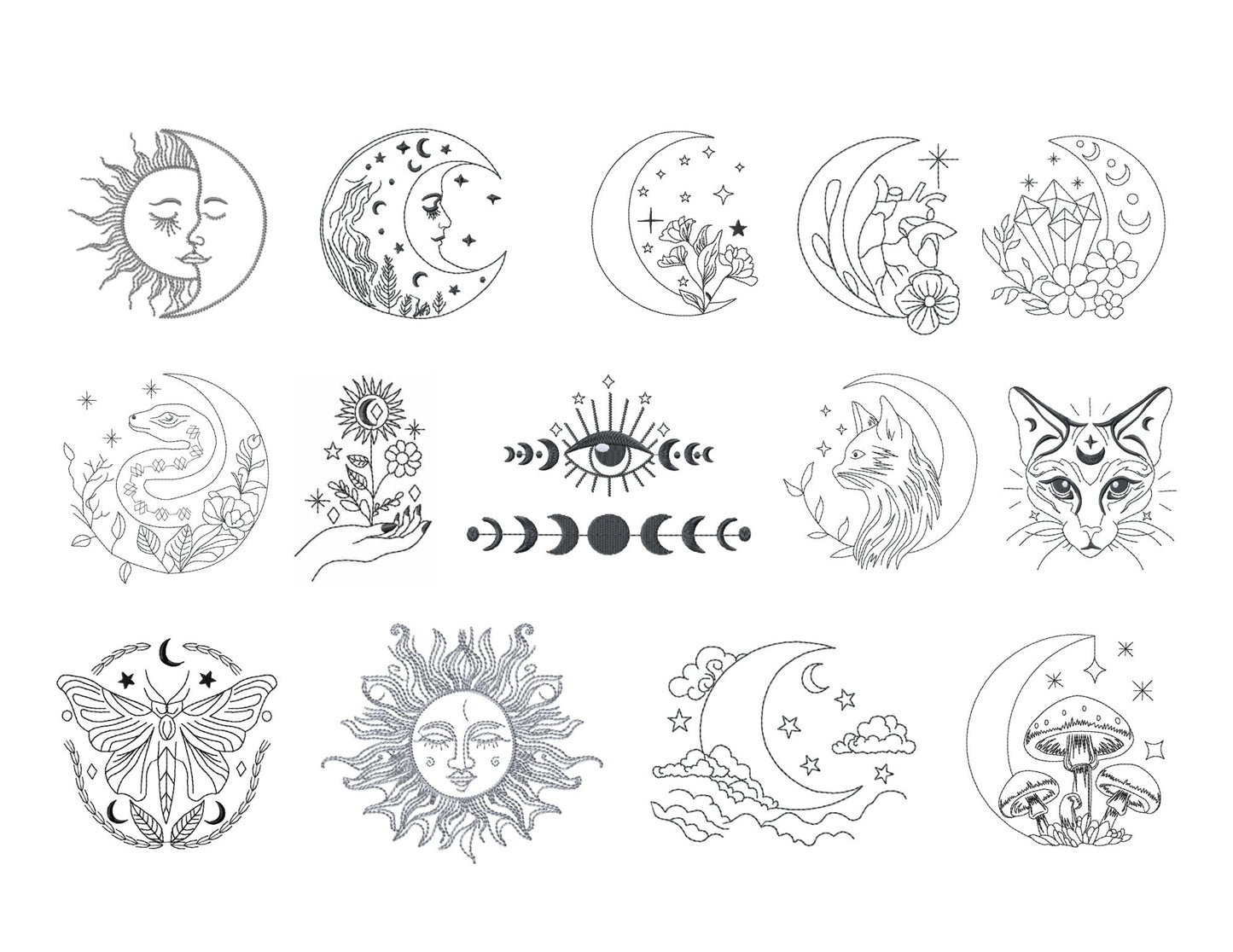 Celestial Embroidery Designs Bundle – Moon, Stars & Sun Machine Embroidery Files, Triple Stitch Low-Density-Kraftygraphy