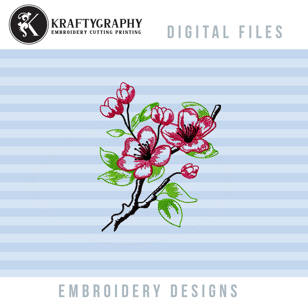 Cherry Blossom Embroidery Designs Files for Embroidery Machine, Sketch Style-Kraftygraphy
