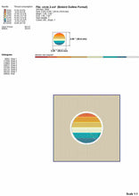 Load image into Gallery viewer, Retro Sunset Machine Embroidery Designs, Groovy Circle Embroidery Patterns, Vintage Style Striped Sunset Monogram Pes Files-Kraftygraphy
