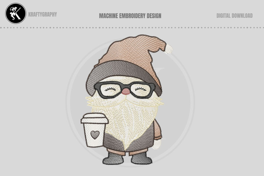 Steaming Cup of Fun: A Cartoonish Coffee Gnome with Glasses Embroidery Design-Kraftygraphy