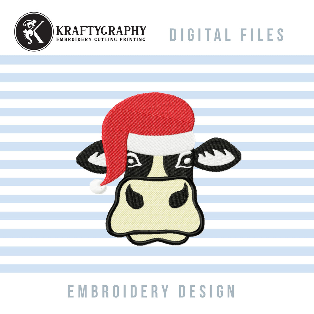 Cute Cow With Santa Hat Embroidery Designs, Funny Christmas Cow Face Embroidery Patterns, Heifer Embroidery Files, Cow Head Fill Stitch, Christmas Embroidery Hoop, Machine Embroidery Elements-Kraftygraphy