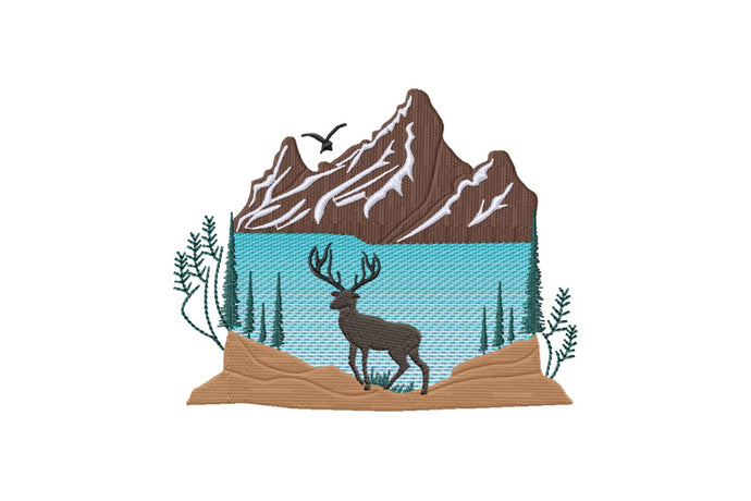 Beautiful mountain landscape with deer and lake embroidery design for nature lover, 3 sizes, fill stitch-Kraftygraphy