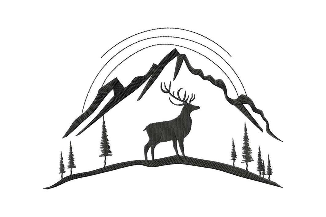 Deer and mountains scene embroidery designs, instant download embroidery patterns for machine, fill stitch, 5 sizes-Kraftygraphy