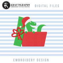 Load image into Gallery viewer, Dinosaur in Gift Box Embroidery Design, Christmas Dinosaur Embroidery Patterns, Christmas Monogram Embroidery Files, Funny Dinosaur Christmas Embroidery Files, Fill Stitch Embroidery, Applique Embroidery-Kraftygraphy
