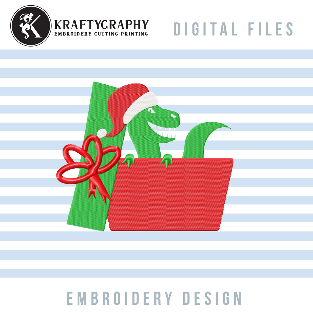 Dinosaur in Gift Box Embroidery Design, Christmas Dinosaur Embroidery Patterns, Christmas Monogram Embroidery Files, Funny Dinosaur Christmas Embroidery Files, Fill Stitch Embroidery, Applique Embroidery-Kraftygraphy