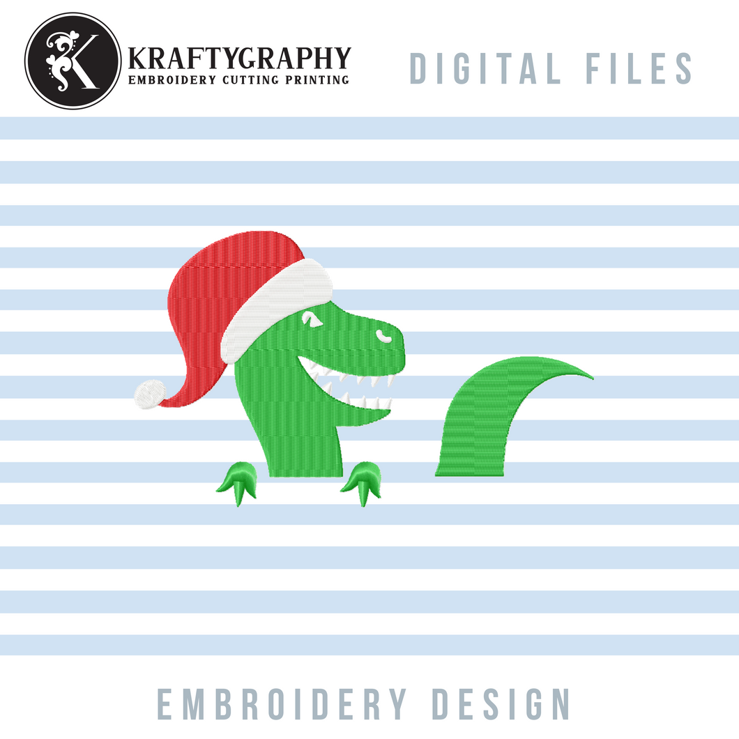 Christmas Dinosaur Monogram Embroidery Designs, Christmas Monogram Embroidery Patterns, Dinosaur With Santa Face Embroidery Files, T-Rex Fill Stitch, Christmas Embroidery-Kraftygraphy