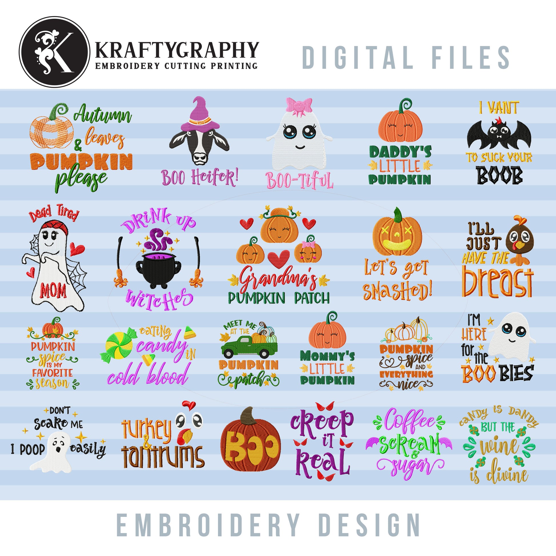 Halloween Embroidery Designs Bundle – Fall Machine Embroidery Patterns with Pumpkin Sayings-Kraftygraphy