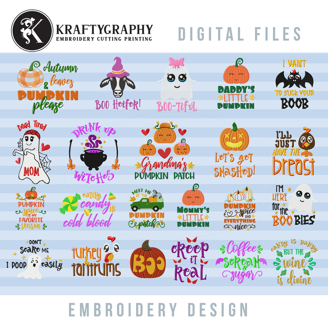 Halloween Embroidery Designs Bundle, Fall Embroidery Patterns, Pumpkin Embroidery Sayings-Kraftygraphy