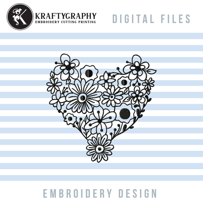 Heart Flower Embroidery Designs, Floral Heart Embroidery Patterns, Heart Outline Machine Embroidery Files, Heart Shaped Embroidery Pes Files, Single Line Embroidery-Kraftygraphy