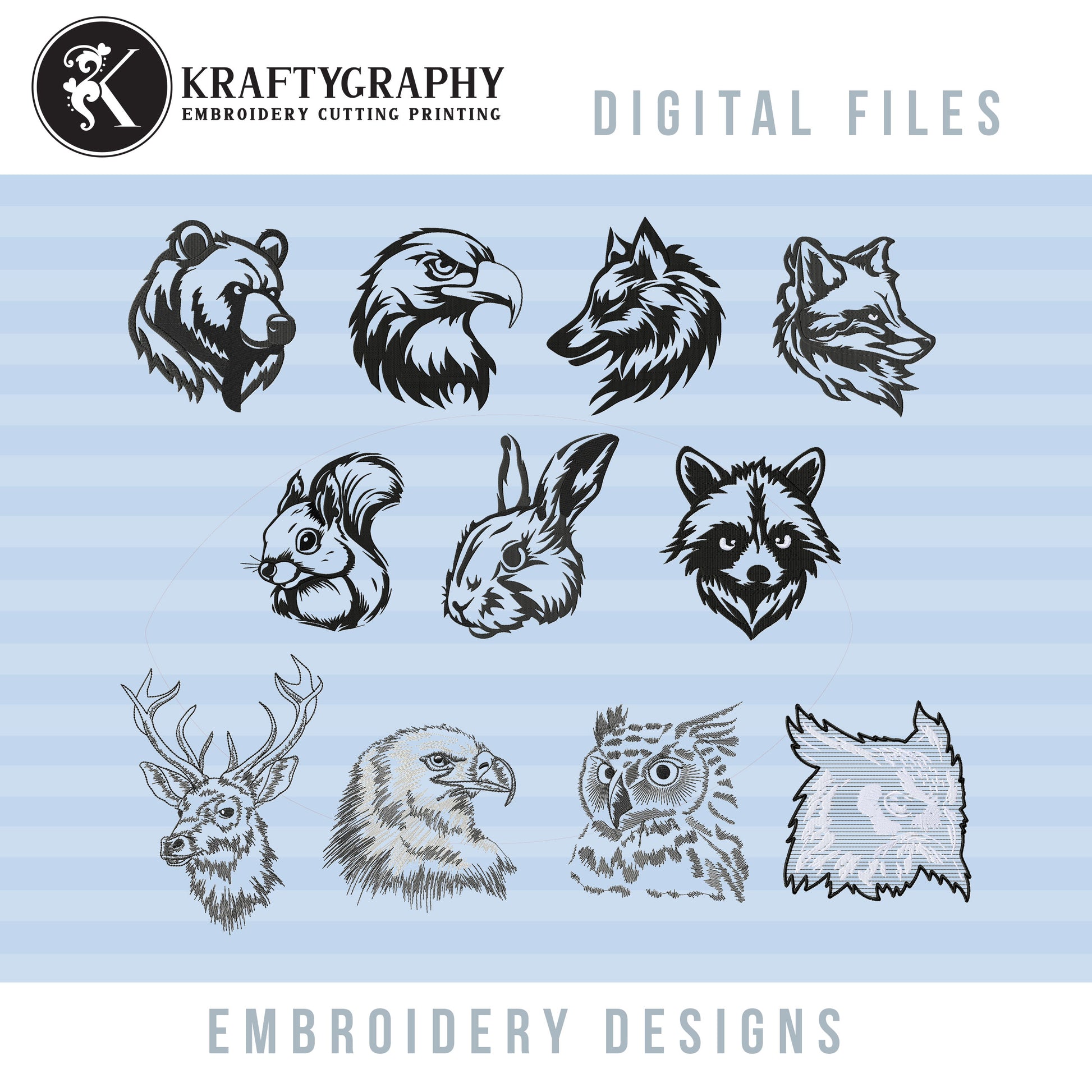 Wild Animals Embroidery Designs Bundle – Silhouette Style Animal Faces for Machine Embroidery, Fill Stitch-Kraftygraphy